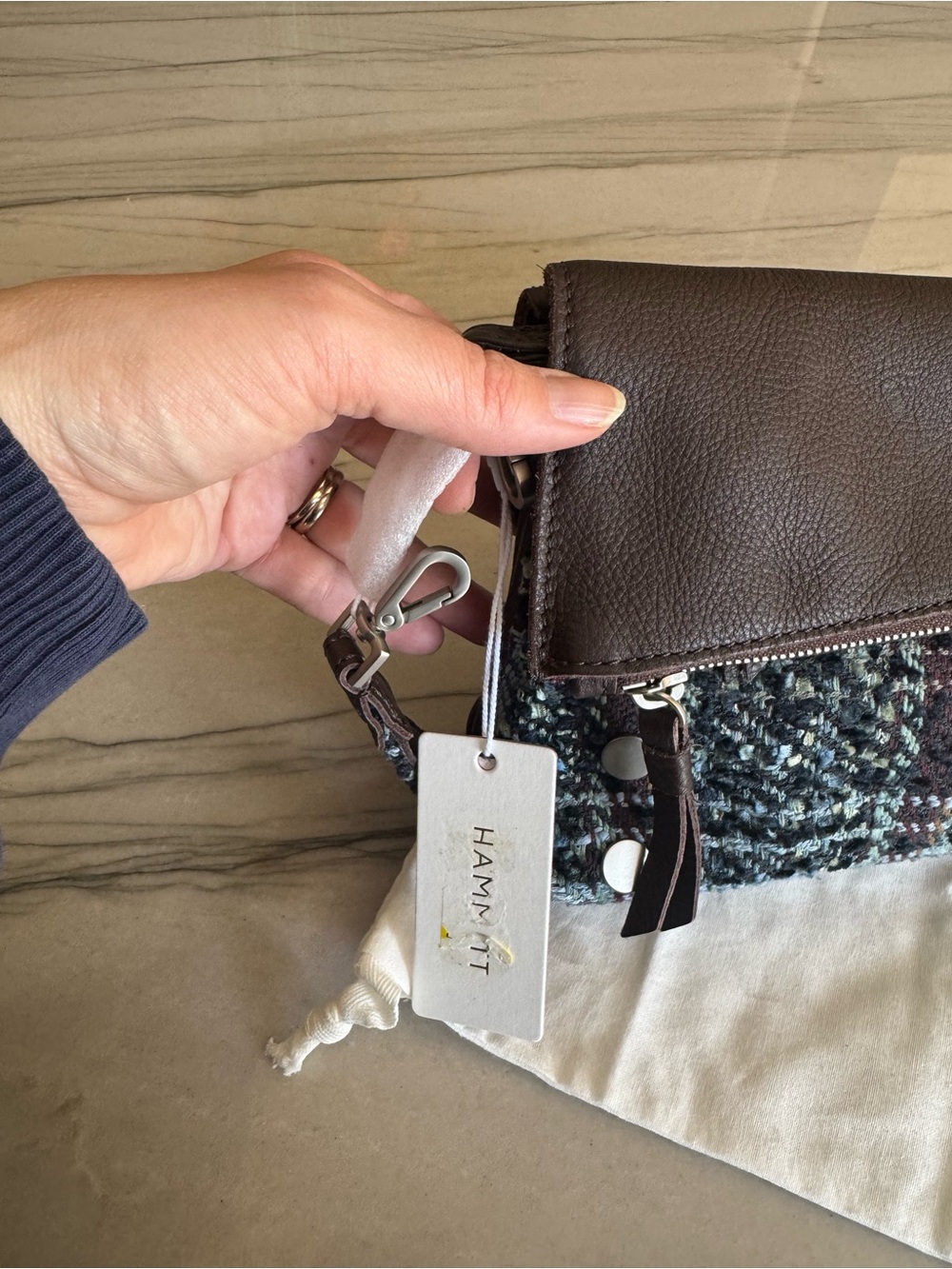 Hammitt Brown Leather & Blue Tweed Shoulder Bag - Picture 3 of 3